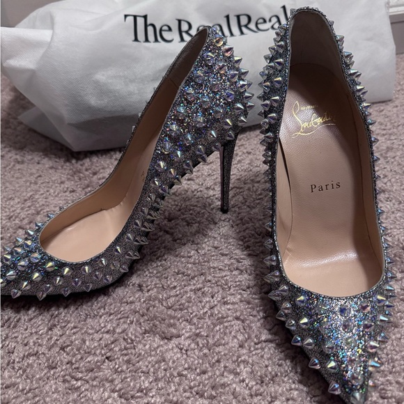 RARE Christian Louboutin Studded Silver & Suede Holographic Heels - Picture 13 of 16